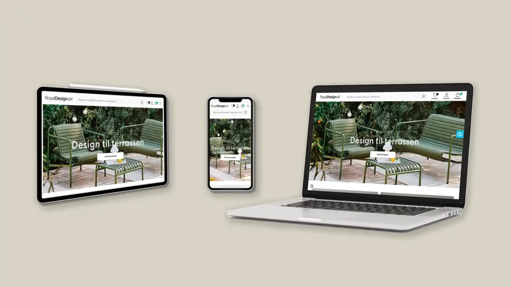 Mockup af en af Egmonts e-commerce virksomheder, Royal Design, på iPad, iPhone og computer