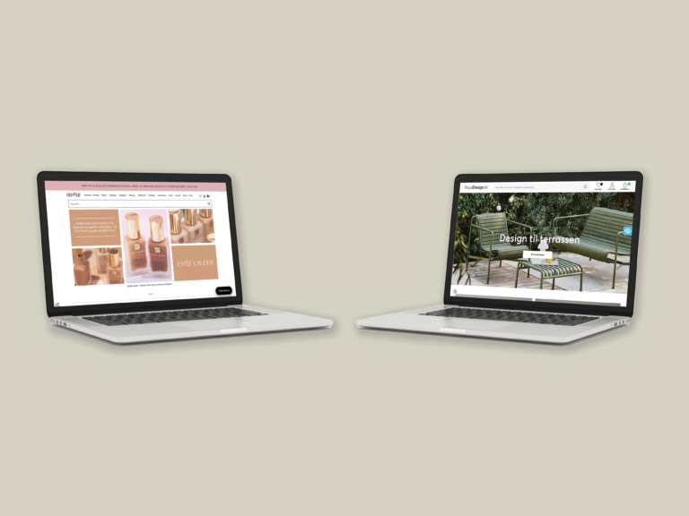 Mockup af 2 af Egmonts e-commerce virksomheder, Royal Design og NiceHair, på computer