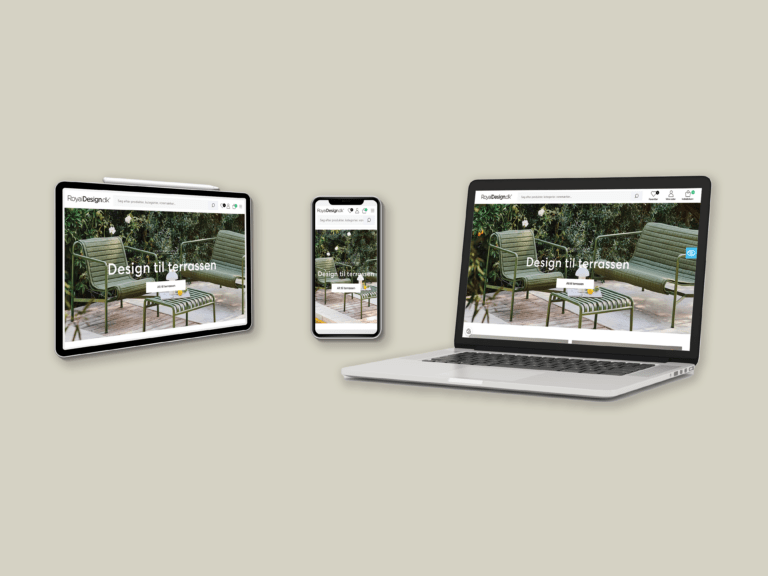 Mockup af en af Egmonts e-commerce virksomheder, Royal Design, på iPad, iPhone og computer