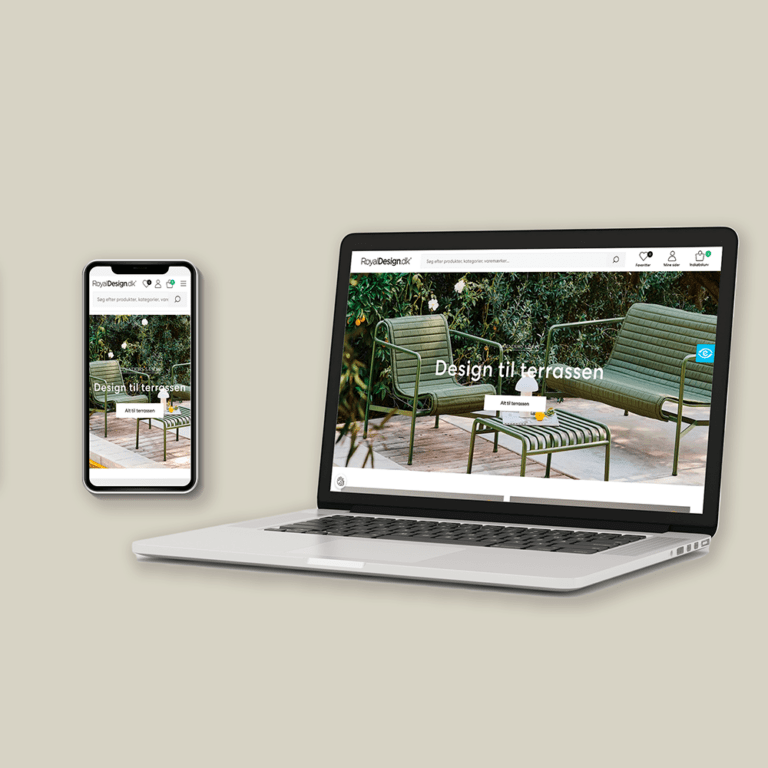 mockup af Egmont e-commerce virksomhed, Royal Design.dk, på telefon og computer - kvadrat